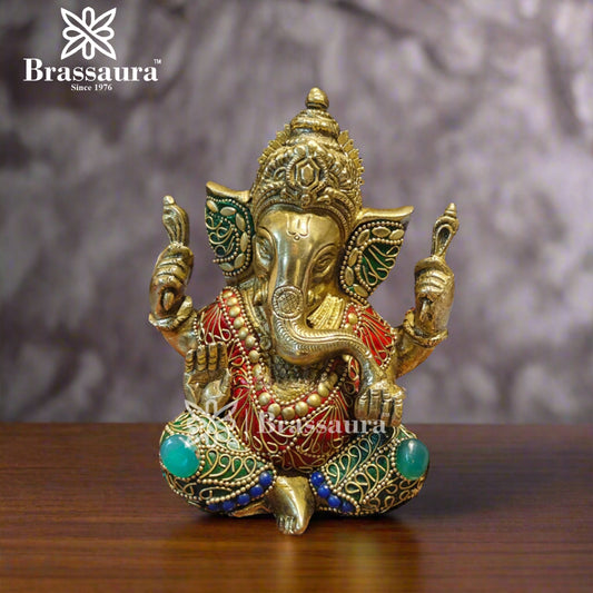 Brassaura™ Brass Gem Stone Work Ganesha Idol for Home and Decor | Weight 1.7 Kgs | Height 6 Inches