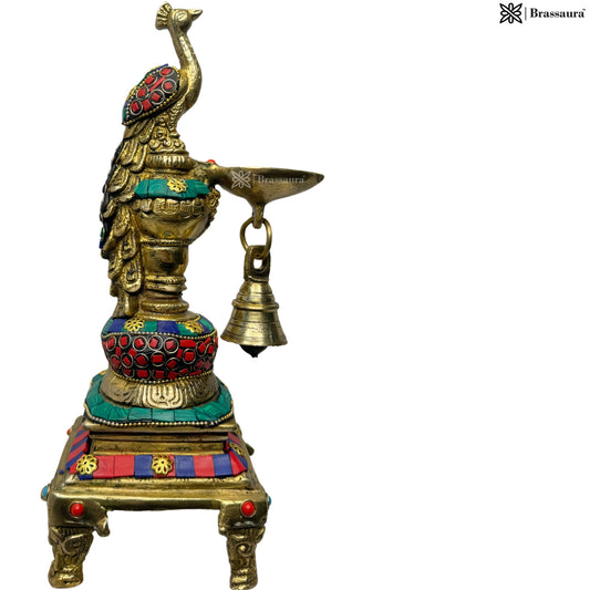 Brassaura® Brass Peacock Diya with Gem Stone Work | Handcrafted Decorative Oil Lamp | Height 11 Inches & Weight 2 Kgs