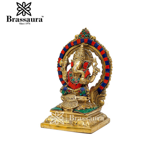 Brassaura™ Brass Gem Stone Work Ganesha Idol for Home and Decor | Weight 1.6 Kgs | Height 7 Inches