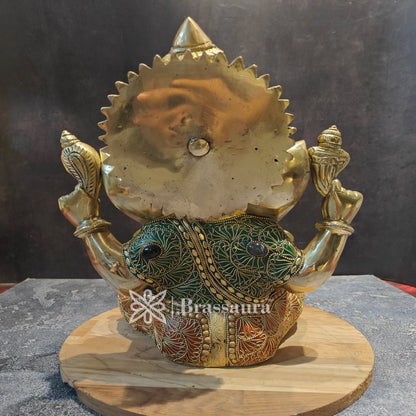 Brassaura™ Brass Gem Stone Work Ganesha Idol for Home and Decor | Weight 9 Kgs | Height 12 Inches