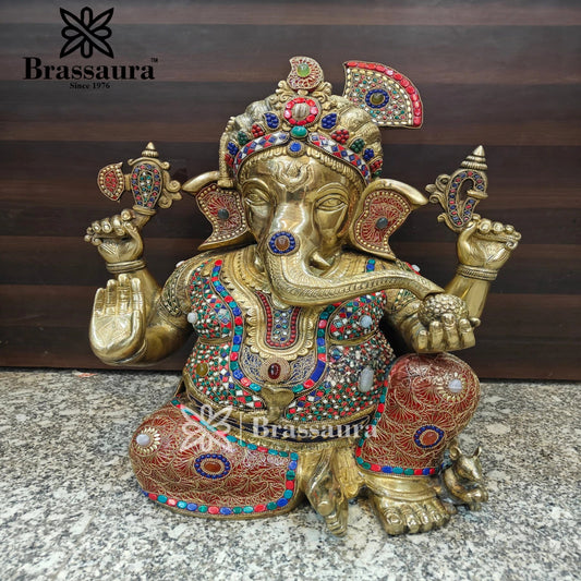 Brassaura™ Brass Gem Stone Work Ganesha Statue for Home and Decor | Weight 27 Kgs | Height 20 Inches