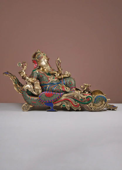 Brassaura™ Reclining Lord Ganesha Idol | Pure Brass with Meenakari Inlay Work | Height 17 Inches & Weight 13.35 Kgs