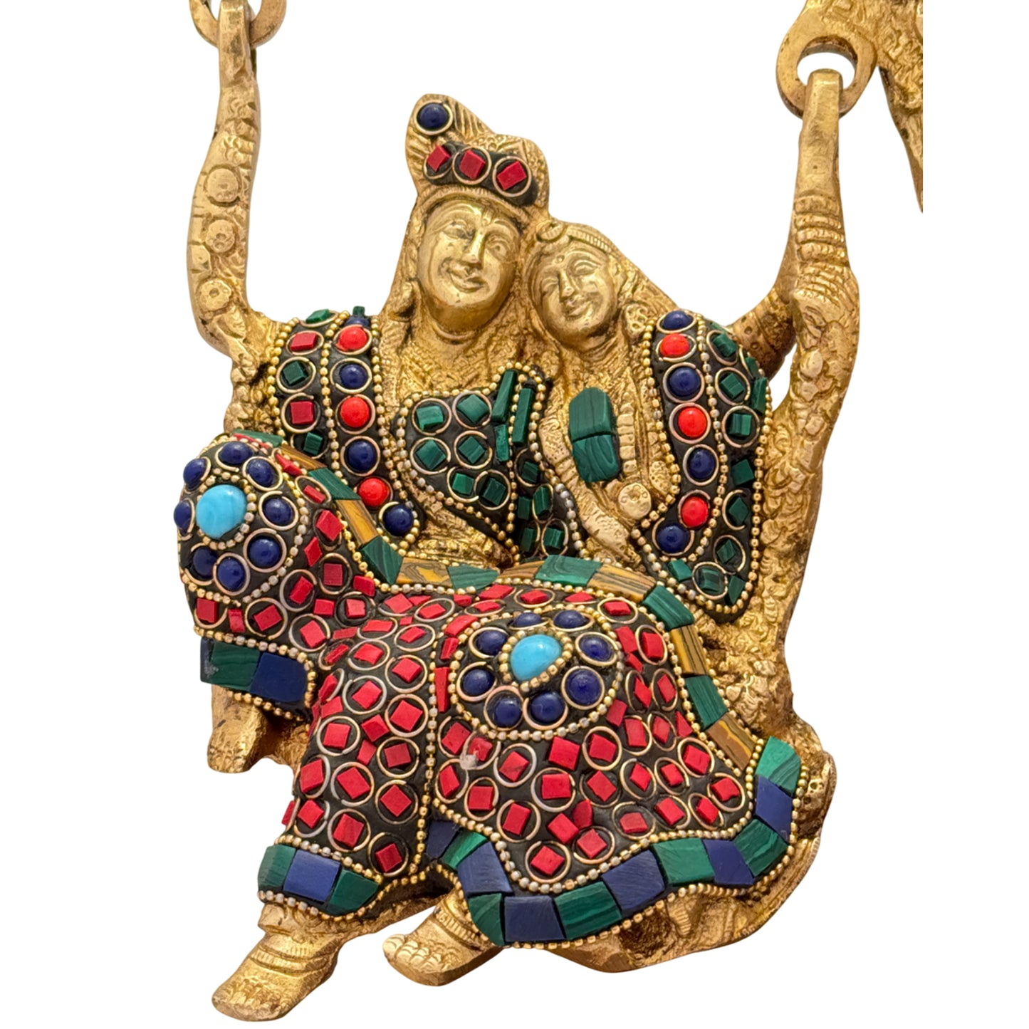 Brass Gem Stone Work Radha Krishna Tree Jhula Idol for Home and Decor Weight 3.5 Kg Height 28 cm