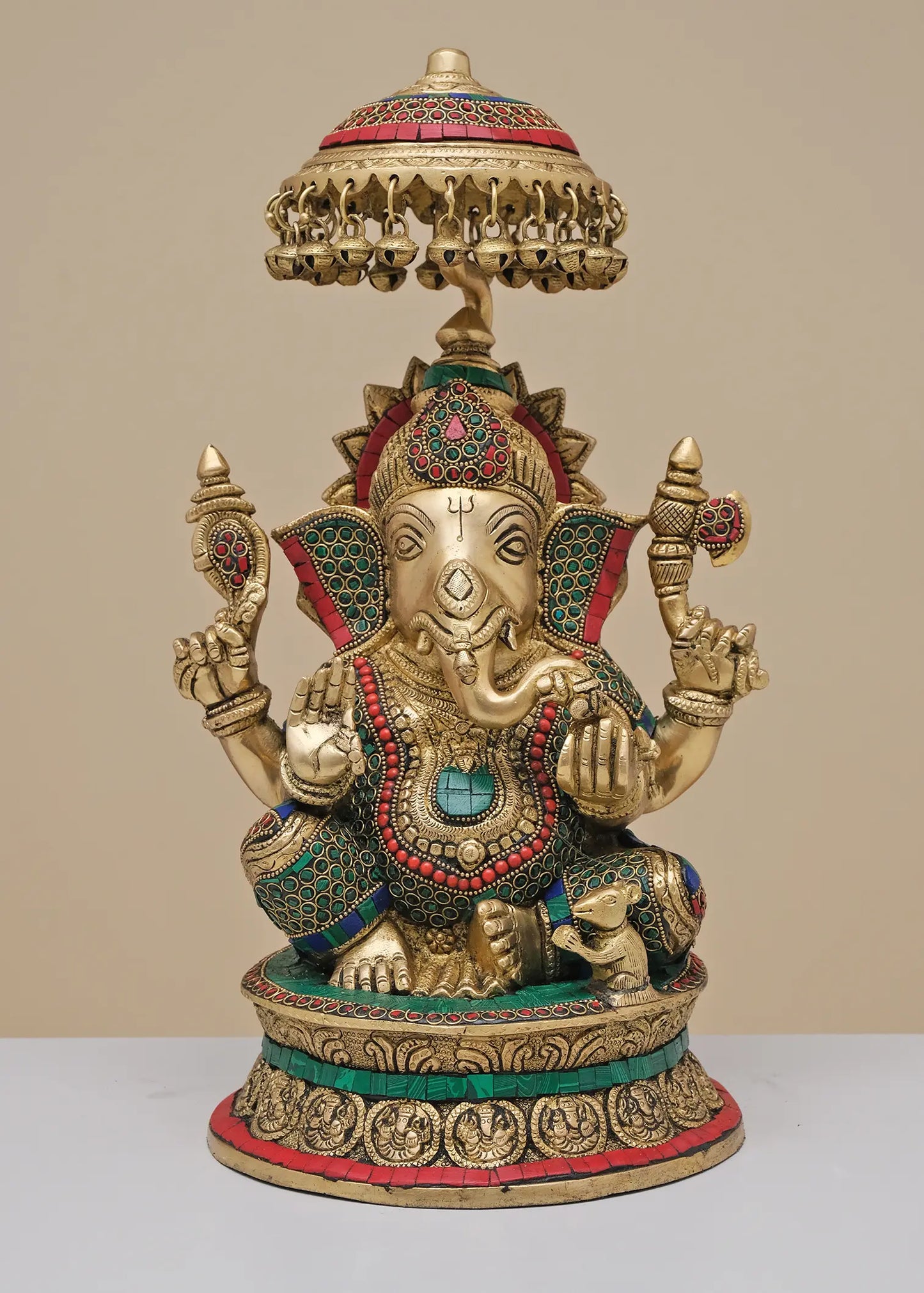 Brassaura™ King Lord Ganesha with Royal Umbrella | Pure Brass with Meenakari Inlay Work | Height 16 Inches & Weight 10.10 Kgs