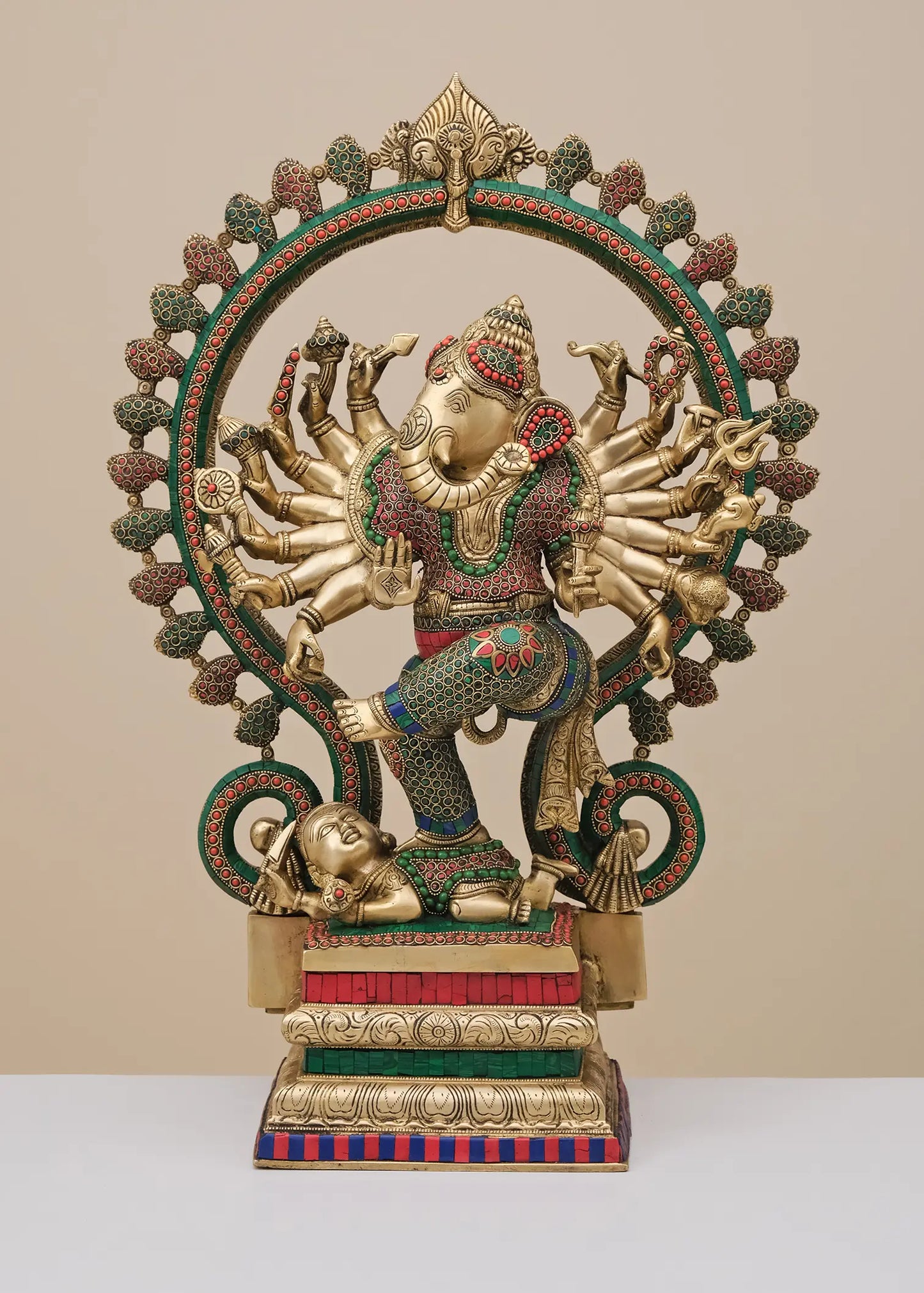 Brassaura™ Dancing Lord Ganesha with Prabhavali | Pure Brass with Meenakari Inlay Work | Height 26 Inches & Weight 22.24 Kgs