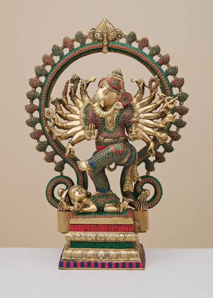 Brassaura™ Dancing Lord Ganesha with Prabhavali | Pure Brass with Meenakari Inlay Work | Height 26 Inches & Weight 22.24 Kgs