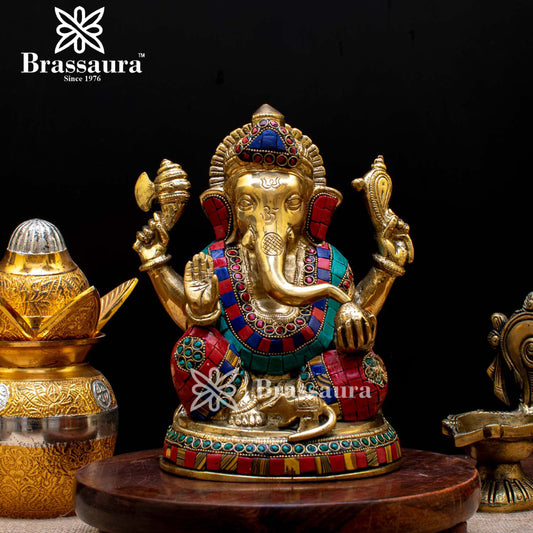 Brassaura™ Brass Gem Stone Work Ganesha Idol for Home and Decor | Weight 3 Kgs | Height 7.5 Inches