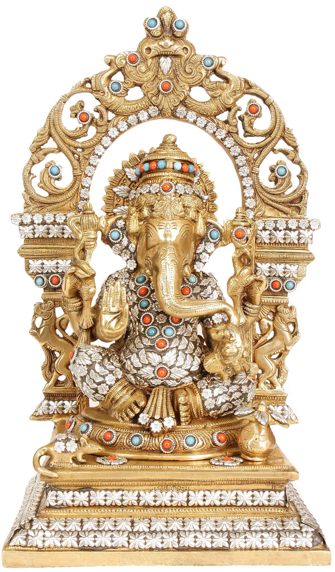 Brassaura™ Bhagawan Ganesha Granting Abhaya in Brass with Ornate Arch & Stone Inlay | Height 15.5 Inches & Weight 9.39 kgs