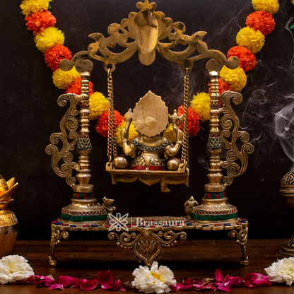 Brassaura™ Brass Gem Stone Work Ganesha Jhula Idol for Home and Decor | Weight 7.6 Kgs | Height 18.5 Inches