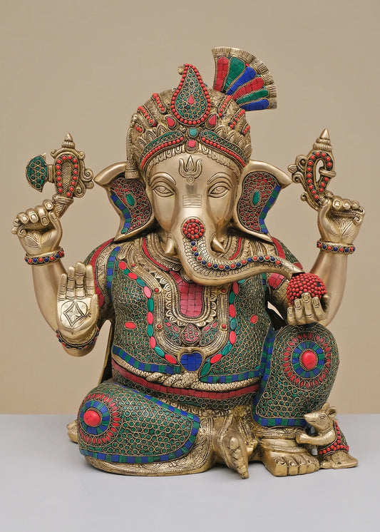 ब्रासौर™ पगड़ी भगवान गणेश की मूर्ति | मीनाकारी जड़ाई के काम के साथ शुद्ध पीतल | ऊंचाई 21 इंच और वजन 27.54 किलोग्राम