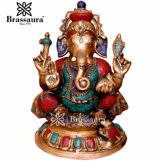 Brass Gem Stone Work Ganesha Statue For Home Decor And Gift Item Weight 21 Kg And Height 22 Inch