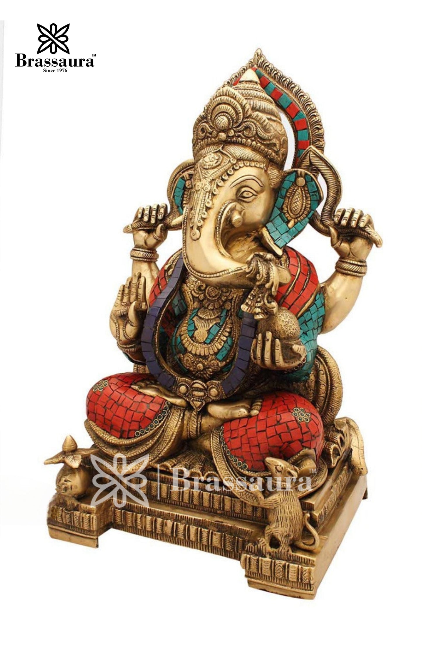 Brassaura™ Brass Gem Stone Work Jewellery Ganesha Idol for Home and Decor | Weight 16.7 Kgs | Height 18 Inches