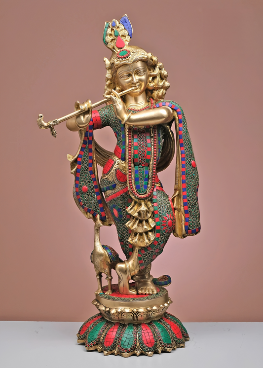 Brassaura® Brass Krishna Statue with Stonework for Home Decor | Height 26.5 Inches