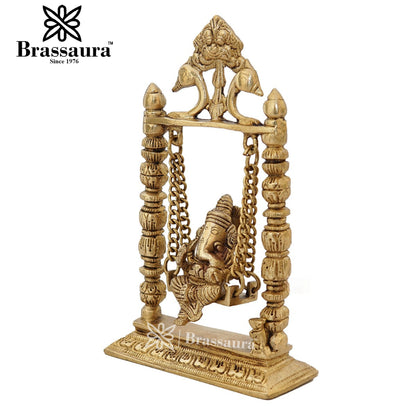 Brassaura™ Brass Ganesha Jhula Idol for Home and Decor | Weight 1.3 Kgs | Height 9 Inches