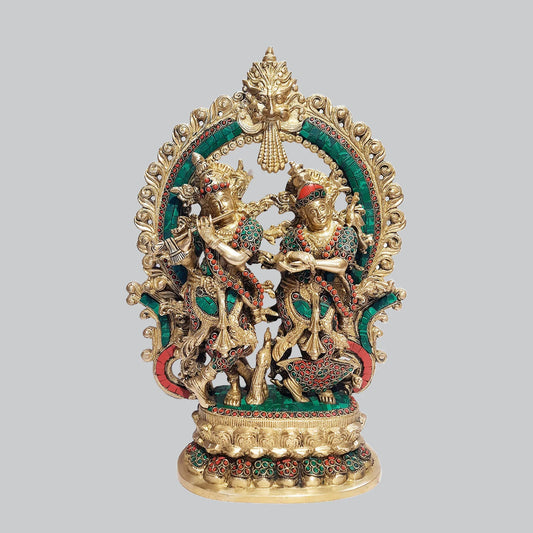 Brassaura® Radha Krishna with Stonework Arch | Intricate Brass Sculpture | Height 16 Inches & Weight 8.40 Kgs
