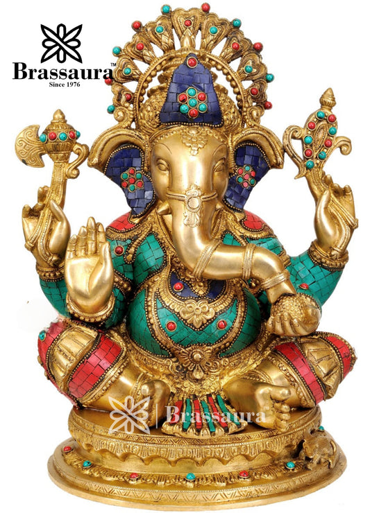 Brass Gem Stone Work Ganesha Statue For Home Decor And Gift Item Weight 20 Kg And Height 19 Inch