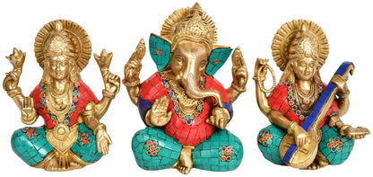 Brassaura™ Lakshmi Ganesha Saraswati Idol in Brass with Inlay Work | Height 8 Inches & Weight 5.40 kgs
