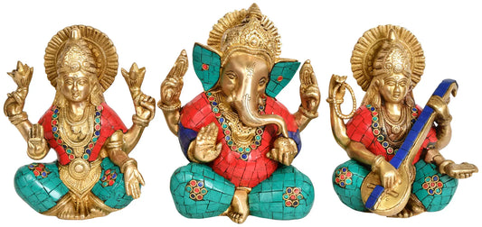 Brassaura™ Lakshmi Ganesha Saraswati Idol in Brass with Inlay Work | Height 8 Inches & Weight 5.40 kgs