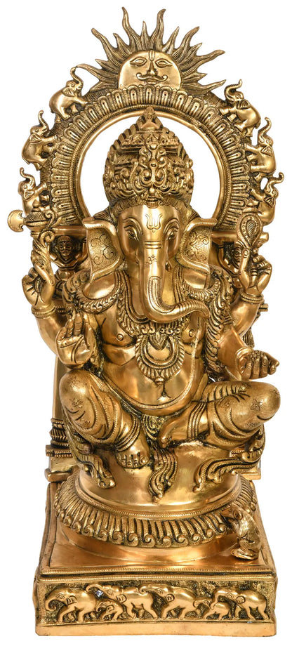 Brassaura™ Lord Ganesha with Surya & Marching Elephants Aureole | Height 25 Inches & Weight 24.50 kgs