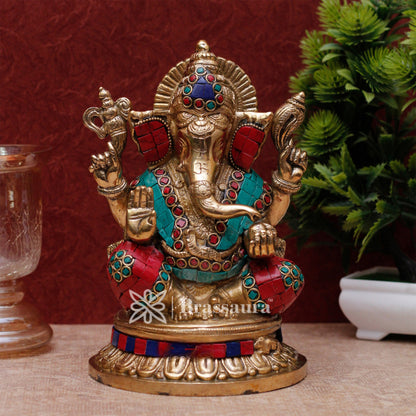 Brassaura™ Brass Gem Stone Work Ganesha Idol for Home and Decor | Weight 3.1 Kgs | Height 8.5 Inches