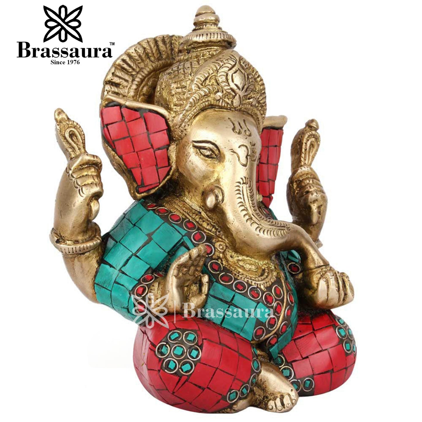 Brassaura™ Brass Gem Stone Work Ganesha Idol for Home and Decor | Weight 1.7 Kgs | Height 6 Inches