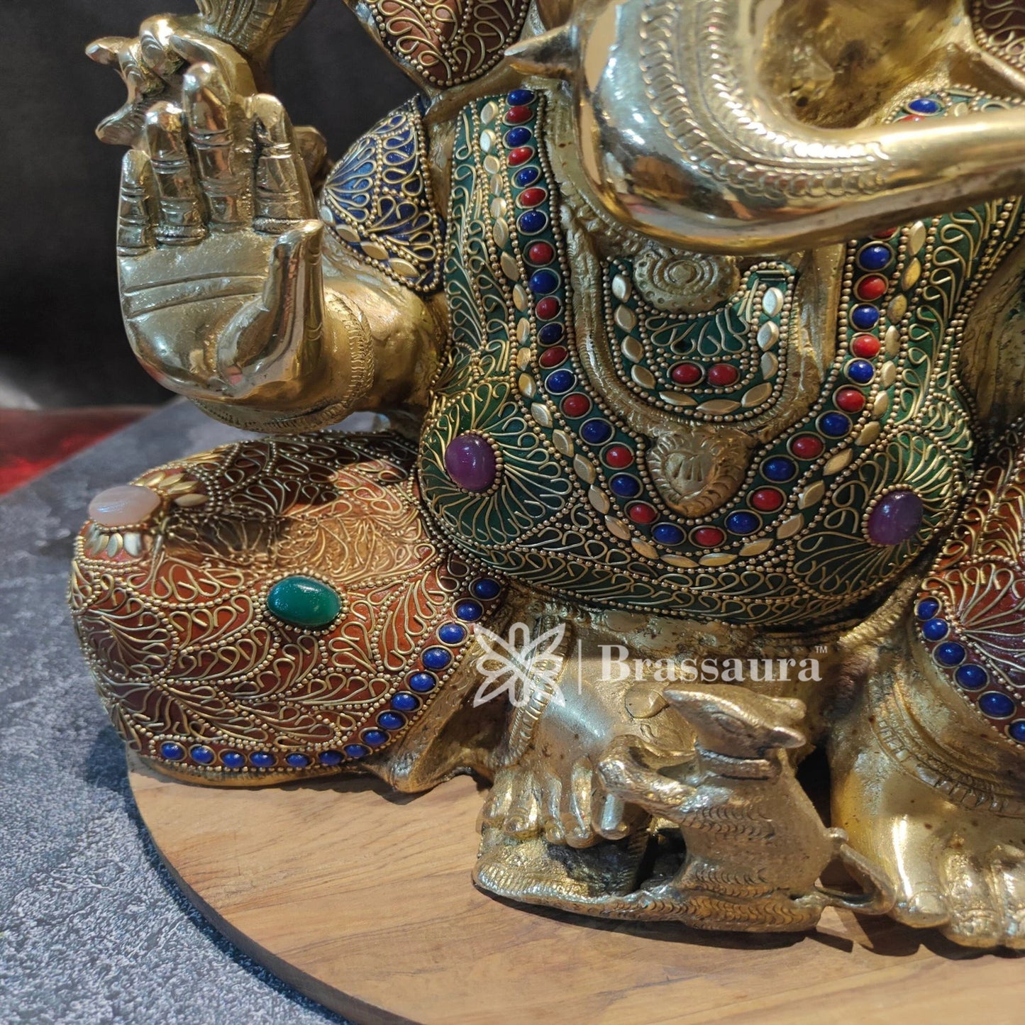Brassaura™ Brass Gem Stone Work Ganesha Statue for Home and Decor | Weight 12.2 Kgs | Height 16 Inches