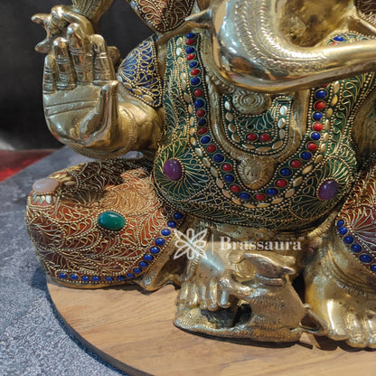 Brassaura™ Brass Gem Stone Work Ganesha Statue for Home and Decor | Weight 12.2 Kgs | Height 16 Inches