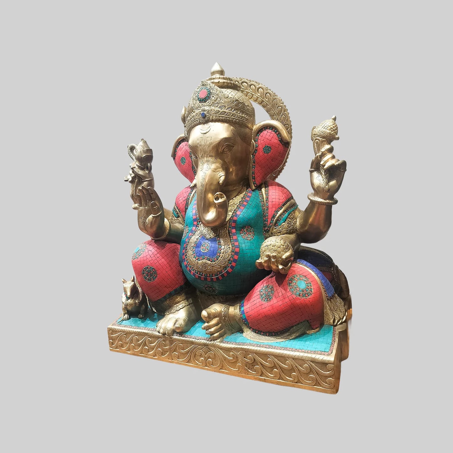 Brassaura® Majestic Ganesha with Stonework | Premium Brass Sculpture | Height 32 Inches & Weight 90 Kgs