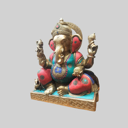 Brassaura® Majestic Ganesha with Stonework | Premium Brass Sculpture | Height 32 Inches & Weight 90 Kgs