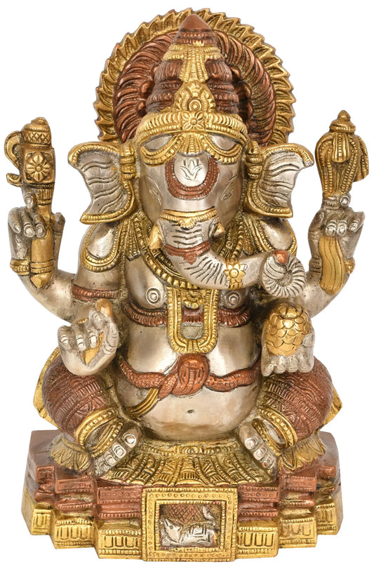 ब्रासौहरा™ बैठे हुए भगवान गणेश की पीतल की मूर्ति दोहरे रंग में | ऊँचाई 10.4 इंच और वज़न 5.71 किलोग्राम