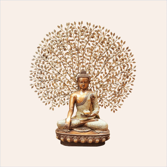 Brassaura® Buddha Under Bodhi Tree | Intricately Handcrafted Brass Sculpture | Height 45 Inches & Weight 48 Kgs