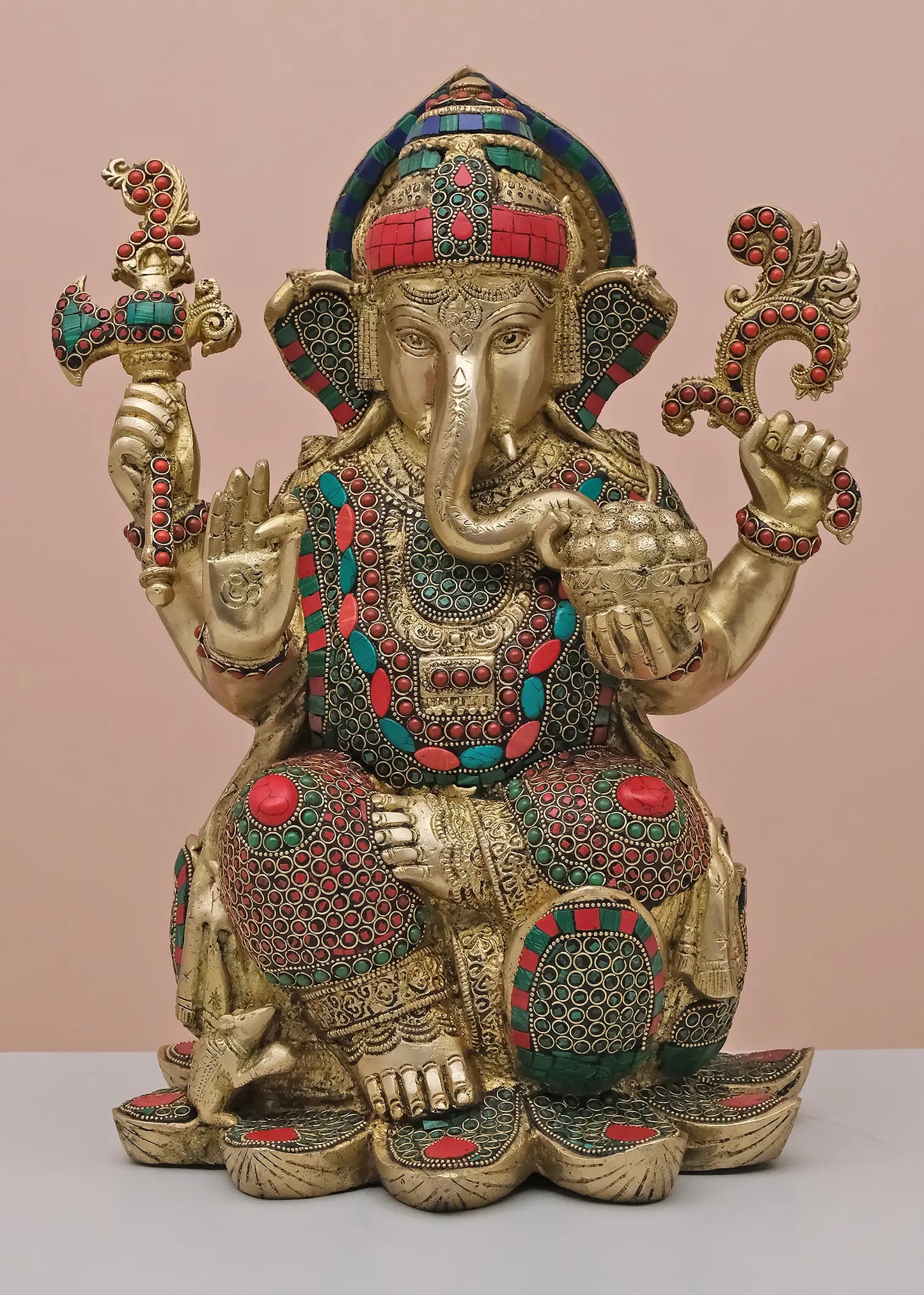 Brassaura™ Brass Lord Ganesha Seated on Lotus with Inlay Work | Height 16 Inches & Weight 15.86 kgs