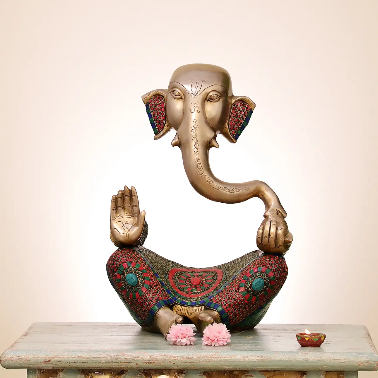 Brassaura™ Stylish Lord Ganesha Idol | Pure Brass with Meenakari Inlay Work | Height 18 Inches & Weight 11 Kgs