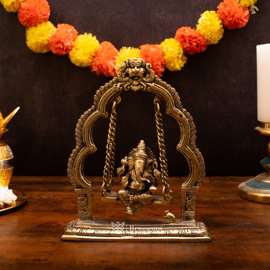 Brassaura™ Brass Ganesha Jhula Idol for Home and Decor | Weight 1.7 Kgs | Height 9 Inches