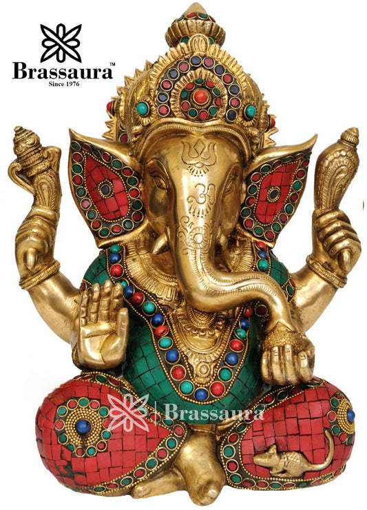 Brass Gem Stone Work Ganesha Statue For Home Decor And Gift Item Weight 10 Kg And Height 12.2 Inch