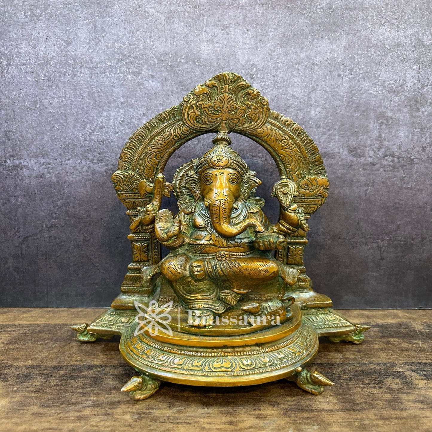 Brassaura™ Brass Ring Ganesha Idol for Home and Decor | Weight 3.9 Kgs | Height 11 Inches