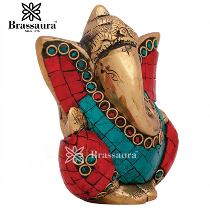 Brassaura™ Brass Gem Stone Work Ganesha Idol for Home and Decor | Weight 1 Kg | Height 4 Inches