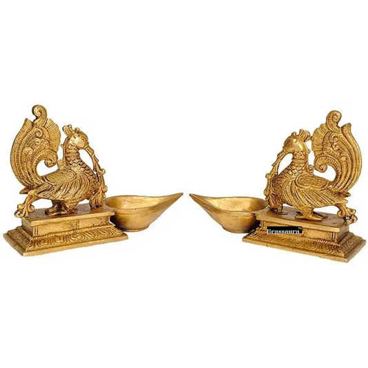 Brassaura® Pair of Mayur Brass Lamps | Pure Superfine Brass Handcrafted Murti | Brass Statue for Home Temple, Pooja Room | Height 5.51 Inches | Weight 2.4 Kgs