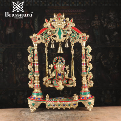 Brassaura™ Brass Gem Stone Work Ganesha Jhula Idol for Home and Decor | Weight 17 Kgs | Height 19.68 Inches