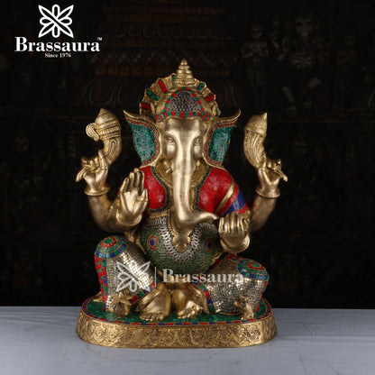 Brassaura™ Brass Gem Stone Work Ganesha Idol for Home and Decor | Weight 27.2 Kgs | Height 22 Inches