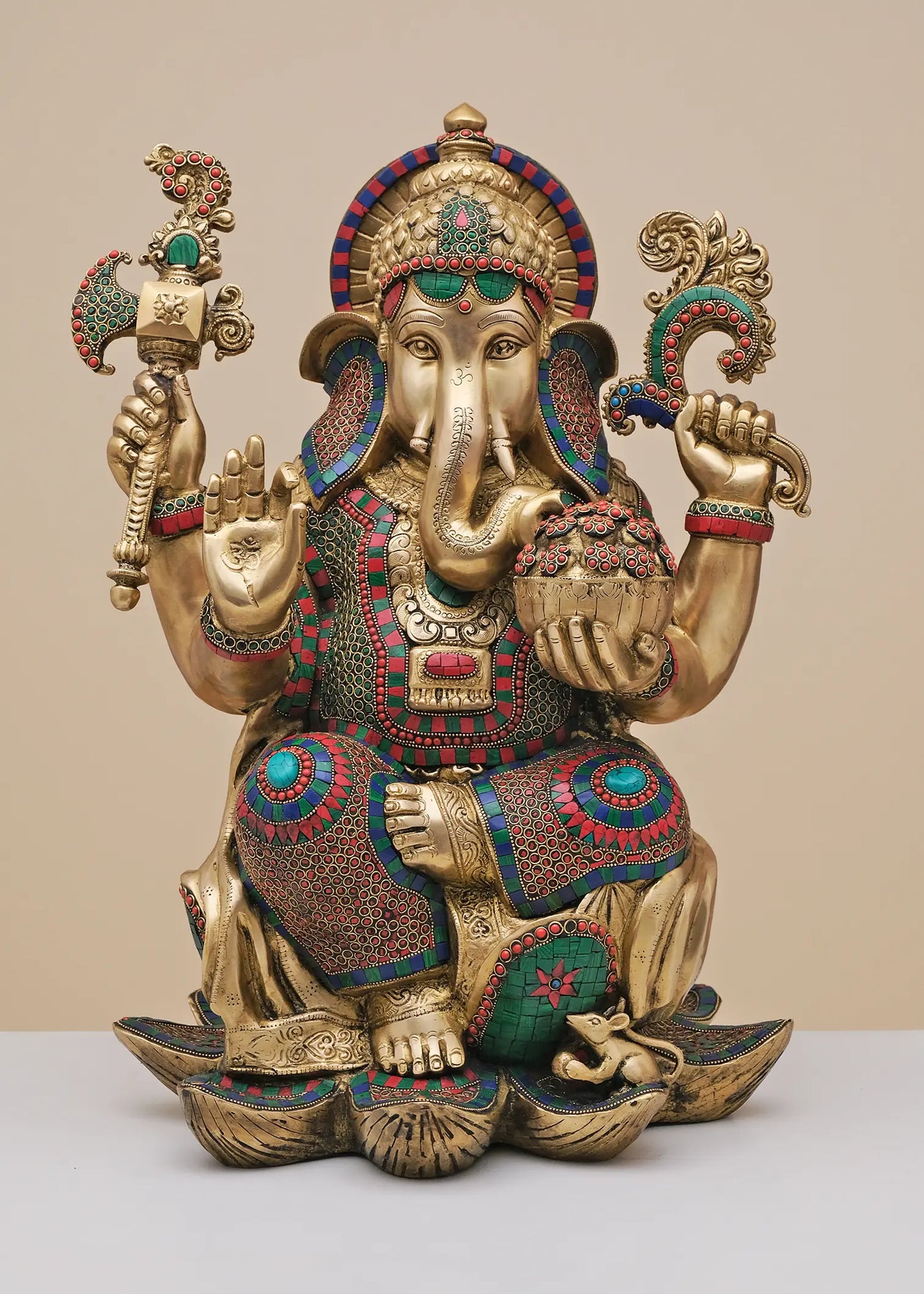 Brassaura™ Lord Ganesha Seated on Lotus | Pure Brass with Meenakari Inlay Work | Height 24 Inches & Weight 32.44 Kgs