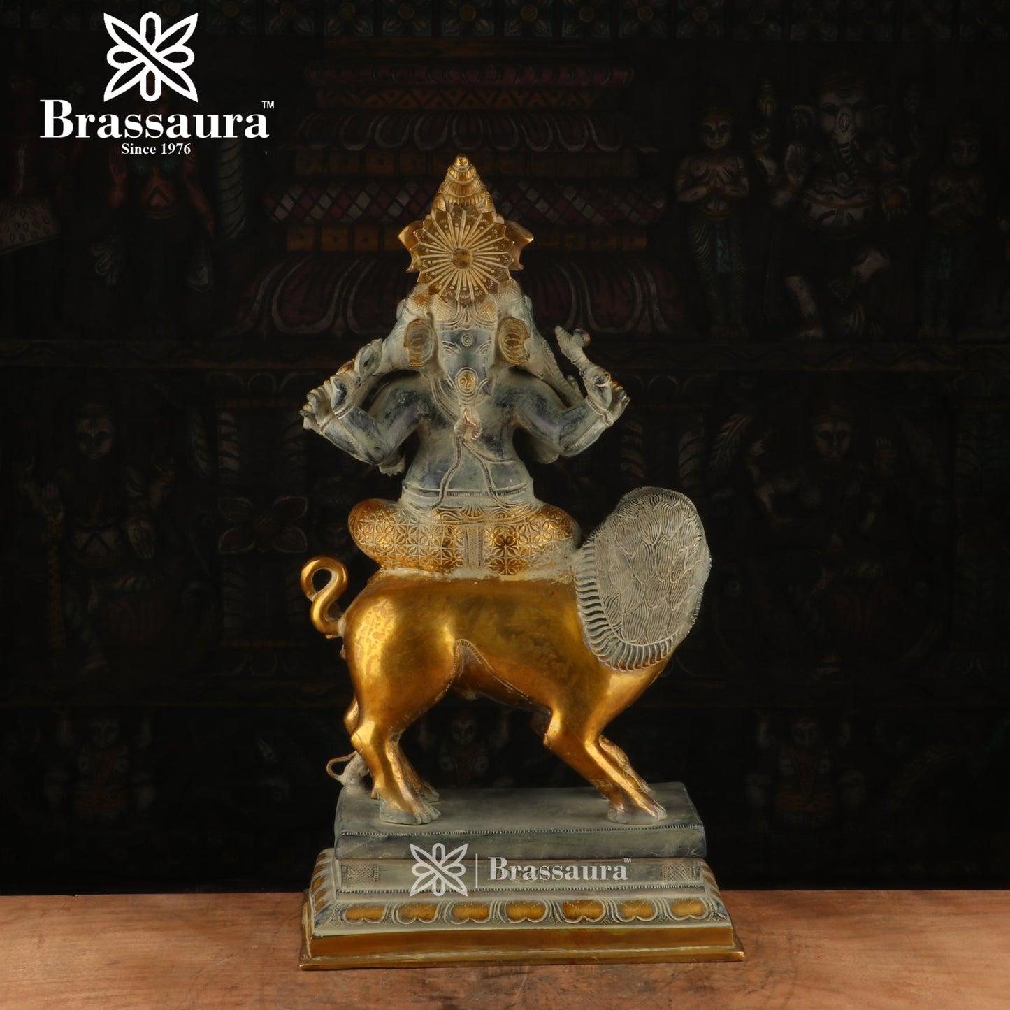 Brassaura™ Brass Ganesha Sitting on Lion Idol for Home and Decor | Weight 24 Kgs | Height 24 Inches