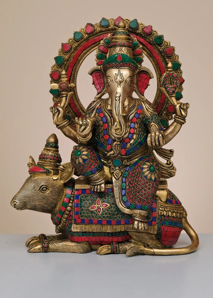 Brassaura™ Lord Ganesha Seated on Mushak | Pure Brass with Meenakari Inlay Work | Height 16 Inches & Weight 14.48 Kgs