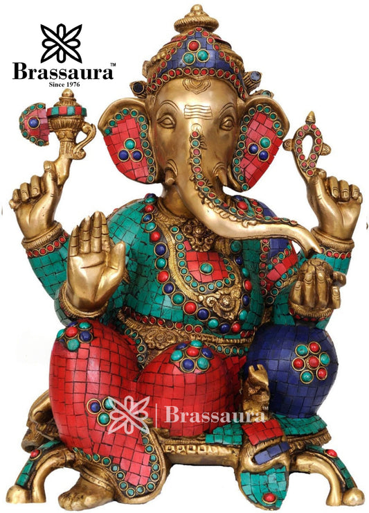 Brass Gem Stone Work Ganesha Statue For Home Decor And Gift Item Weight 19 Kg And Height 18 Inch