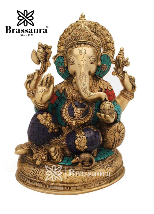 Brass Gem Stone Work Ganesha Statue For Home Decor Weight 10.7 Kg And Height 13 Inch