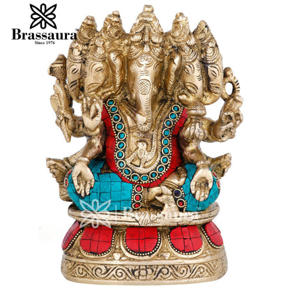 Brass Gem Stone Work Panchmukhi Ganesha Statue For Home Decor And Gift Item Weight 3.3 Kg And Height 7 Inch