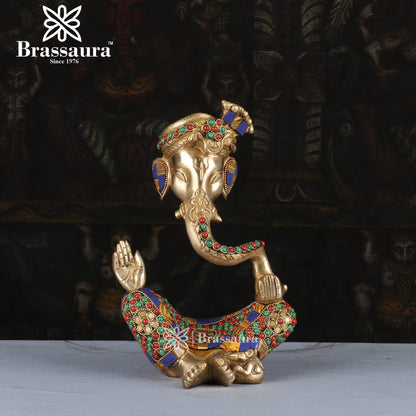 Brassaura™ Brass Gem Stone Work Modern Ganesha Idol for Home and Decor | Weight 2.95 Kgs | Height 10 Inches
