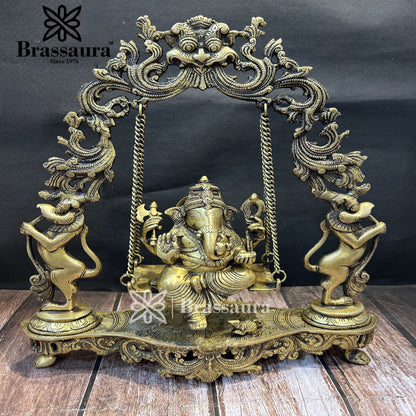 Brassaura™ Brass Big Ganesha Jhula Idol for Home and Decor | Weight 7 Kgs | Height 18 Inches