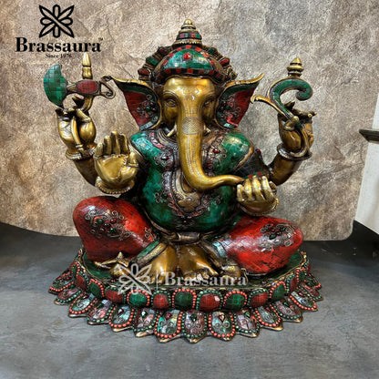 Brass Gem Stone Work Lotus Ganesha Statue For Home Decor And Gift Items Weight 31.8 Kg And Height 22.5 Inches