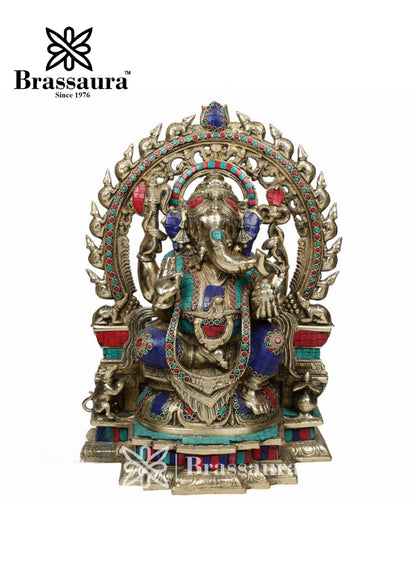 Brass Gem Stone Work Ring Ganesha Statue For Home Decor And Gift Item Weight 16.8 Kg And Height 18 Inch